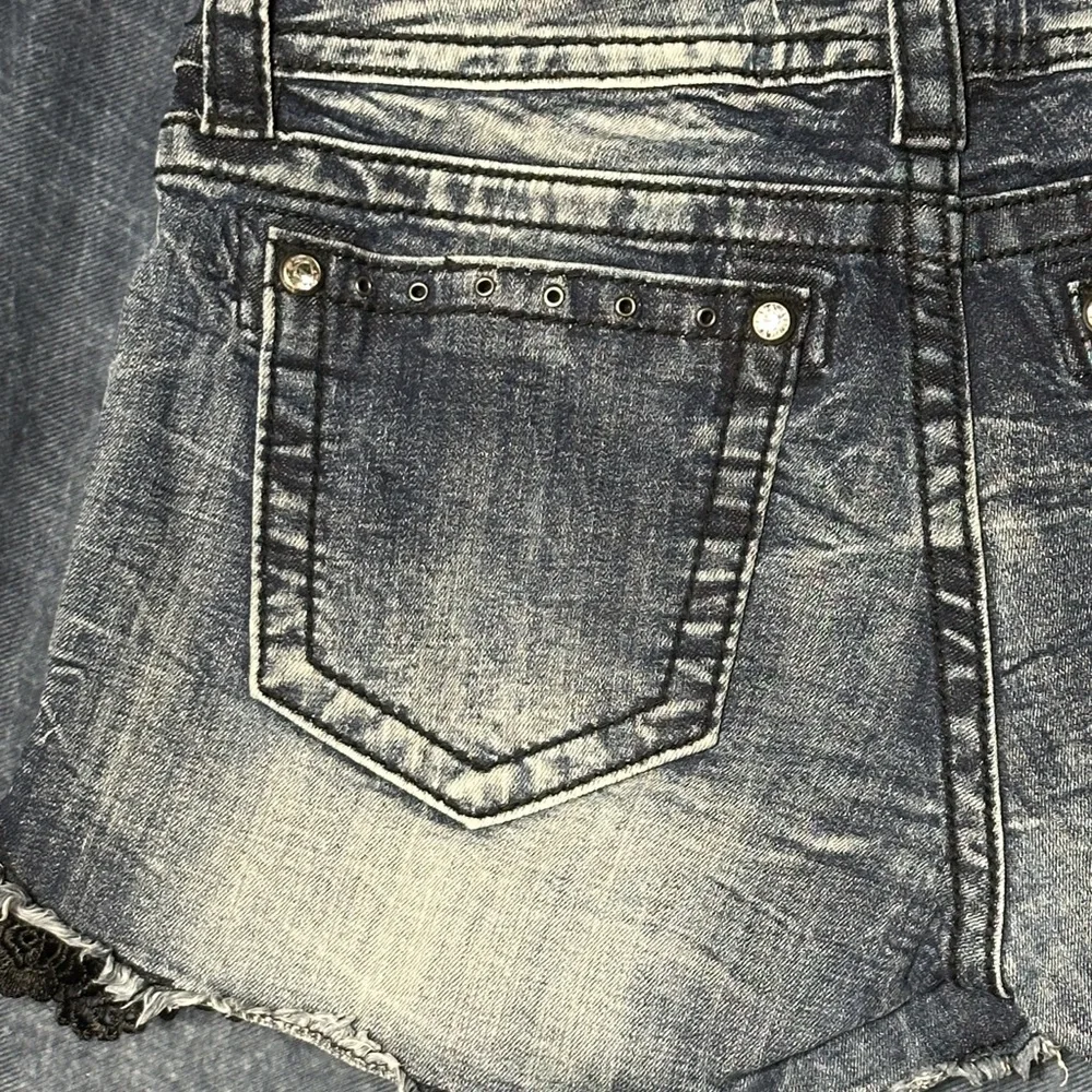 Miss Me Women's Blue Jean Denim Shorts with Black Lace and Bling 30 - Picture 7 of 15